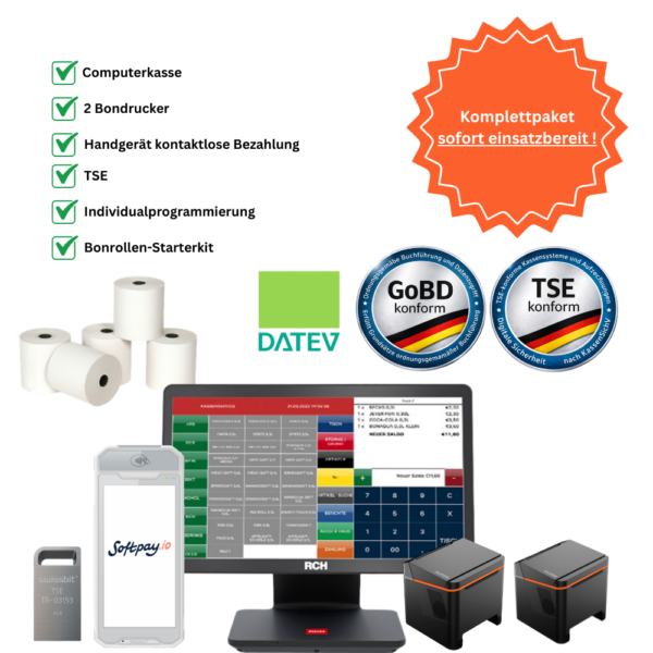Komplettpaket 15,6" Kasse Gastro inkl. 2 Bondrucker, Mobigo2+ Order- und Bezahlgerät, TSE & 12 Monate Softwarepaket