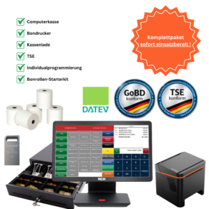 Schlüsselfertiges Paket (1000 x 1000 px) (52) Komplettpaket 15,6" Touchkasse Einzelhandel & Gastro inkl. Bondrucker, Kassenlade, TSE & 12 Monate Softwarepaket