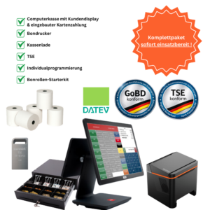 Schlüsselfertiges Paket (1000 x 1000 px) (53) Komplettpaket 15,6" Touchkasse mit Kundenanzeige Einzelhandel & Gastro inkl. Bondrucker, Kassenlade, TSE & 12 Monate Softwarepaket