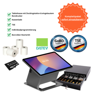 Schlüsselfertiges Paket (1000 x 1000 px) (55) Komplettpaket 10,95" Tablet-Kasse Einzelhandel & Gastro mit eingebautem Drucker inkl. TSE, Kassenlade & 12 Monate Softwarepaket