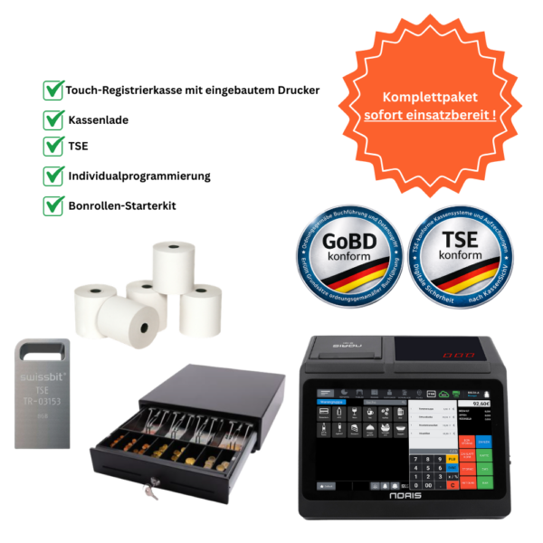 Schlüsselfertiges Paket (1000 x 1000 px) (57) Komplettpaket 10,1" All-in-One Kasse Einzelhandel & Gastro mit eingebautem 80mm Drucker, inkl. TSE & Kassenlade