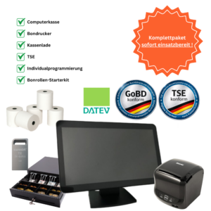 Bild für Shop mit Lade Komplettpaket 15,6″ Touchkasse Einzelhandel & Gastro PITPOS S15 inkl. Bondrucker, Kassenlade, TSE & 12 Monate Softwarepaket